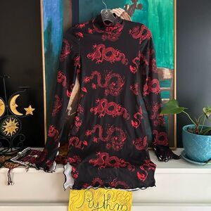 SHEIN Black and Red Dragon Print Midi Dress XS